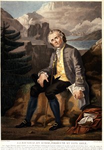 Jean Jacques Rousseau in der Schweiz, verfolgt und ohne Asyl. Aquatinta von Charon nach Boucher. 19. Jahrhundert. Paris, Musée Carnavalet.