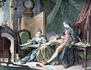 La Courtesan amoureuse: Frau entfernt den unteren Teil eines Mannes - Gravur von ap. Butcher