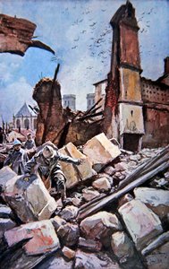 Schlacht von Verdun: Französische Truppen bewegen sich unter zerstörten Festungsmauern