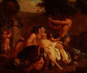 Bacchus beim Feiern an einer Steinvase in einem Tal