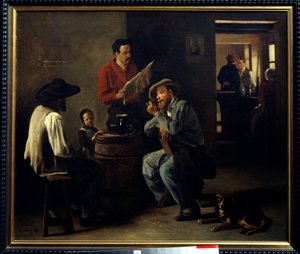 Kabarett-Interieur. Zwei Männer sitzen in einer Taverne und hören die Zeitungslesung. von François Bonvin