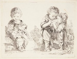 Kind auf einem Erdklumpen sitzend und Die kleinen Milchtrinker von François Boucher
