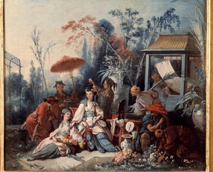 Chinesische Gartenszene von Chinoiserien, die eine junge Frau umgeben von Dienern darstellt. Gemälde von Francois Boucher (1703-1770) von François Boucher