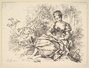 Mädchen in einer Landschaft mit einem Korb voller Blumen
