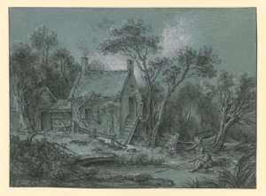 Haus mit Treppe zwischen Bäumen, davor ein Angler von François Boucher