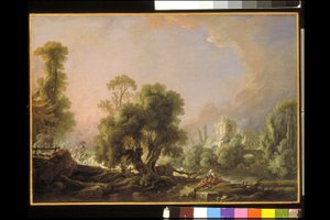 Idyllische Landschaft mit Frau beim Angeln