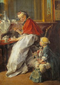 Mutter und Tochter. Detail von „Frühstück“. Ein Mädchen und ihre Puppen beobachten ihre Mutter beim Trinken von heißer Schokolade. von François Boucher
