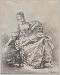 Sitzende Frau mit Vogelkäfig von François Boucher