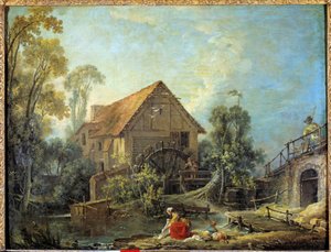 Die Mühle. Eine Frau wäscht die Wäsche im Bach in der Nähe einer Wassermühle. Gemälde von Francois Boucher (1703-1770) 1751 von François Boucher