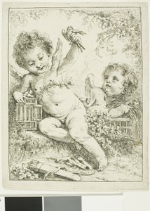Zwei Putti mit einem Vogel von François Boucher