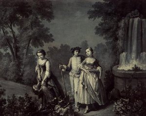 Zwei Mädchen und ein Jugendlicher gärtnern in der Nähe eines Brunnens (Schwarz-Weiß-Feder und Waschung) von François Boucher