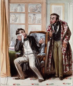 Zahnarzt. Karikatur eines Patienten mit Zahnschmerzen, der einen Zahnarzt konsultiert. Gravur von Bouchot, um 1830. von Francois Bouchot