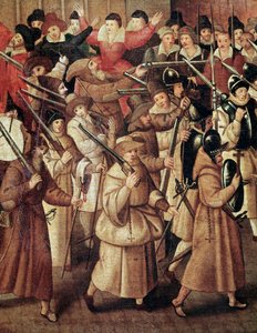 Französische Religionskriege: bewaffnete Prozession der Katholischen Liga Frankreichs in den Straßen von Paris