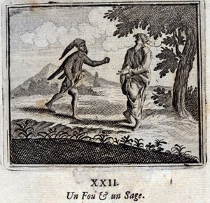 Ein Verrückter und ein Weiser. Fabeln von Jean de La Fontaine (1621-95). Illustration von François Chauveau (1613-1676). Ausgabe von 1728 von Francois Chauveau
