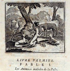 Die Tiere, die an der Pest erkrankt sind. Fabeln von Jean de La Fontaine (1621-95). Illustration von François Chauveau (1613-1676). Ausgabe von 1728 von Francois Chauveau