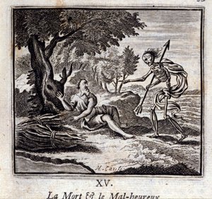Der Tod und der Unglückliche. Fabeln von Jean de La Fontaine. Illustration von François Chauveau. Ausgabe von 1728. von Francois Chauveau