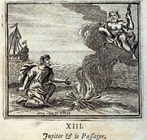 Jupiter und der Passagier. Fabeln von Jean de La Fontaine. Illustration von François Chauveau. Ausgabe von 1728. von Francois Chauveau
