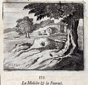Die Fliege und die Ameise. Fabeln von Jean de La Fontaine. Illustration von François Chauveau. Ausgabe von 1728.