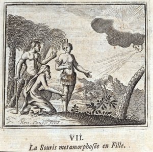 Die Maus, die in ein Mädchen verwandelt wurde. Fabeln von Jean de La Fontaine. Illustration von François Chauveau. Ausgabe von 1728. von Francois Chauveau
