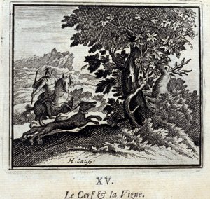 Der Hirsch und der Weinstock. Fabeln von Jean de La Fontaine. Illustration von François Chauveau. Ausgabe von 1728. von Francois Chauveau