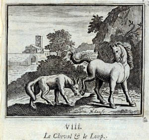 Das Pferd und der Wolf. Fabeln von Jean de La Fontaine. Illustration von François Chauveau. Ausgabe von 1728. von Francois Chauveau