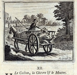 Das Schwein, die Ziege und das Schaf. Fabeln von Jean de La Fontaine. Illustration von François Chauveau. Ausgabe von 1728. von Francois Chauveau
