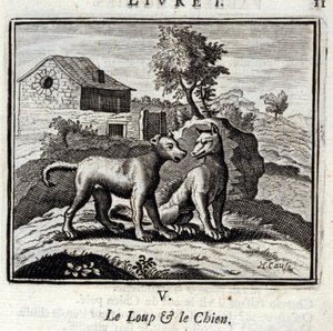Der Wolf und der Hund. Fabeln von Jean de La Fontaine. Illustration von François Chauveau. Ausgabe von 1728 von Francois Chauveau