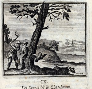 Die Mäuse und die Eule. Fabeln von Jean de La Fontaine. Illustration von François Chauveau. Ausgabe von 1728. von Francois Chauveau