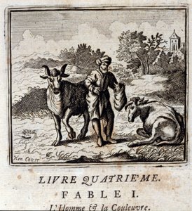 Mann und Schlange. Fabeln von Jean de La Fontaine (1621-95). Illustration von François Chauveau (1613-1676). Ausgabe von 1728.