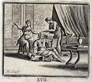 Der Mann zwischen zwei Altern und seine zwei Geliebten. Fabeln von Jean de La Fontaine. Illustration von François Chauveau. Ausgabe von 1728. von Francois Chauveau