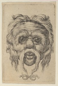Maske mit einem langen Schnurrbart, der mit einem Band unter dem Kinn gebunden ist, aus Divers Masques von Francois Chauveau