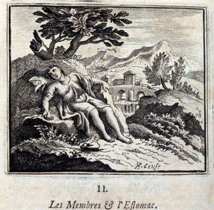 Glieder und Magen. Fabeln von Jean de La Fontaine. Illustration von François Chauveau. Ausgabe von 1728. von Francois Chauveau