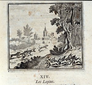 Kaninchen. Fabeln von Jean de La Fontaine. Illustration von François Chauveau. Ausgabe von 1728. von Francois Chauveau