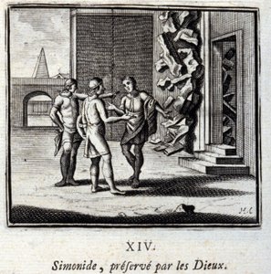 Simonides, von den Göttern bewahrt. Fabeln von Jean de La Fontaine. Illustration von François Chauveau. Ausgabe von 1728.