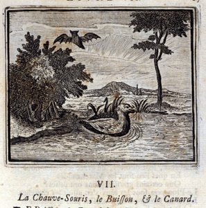 Die Fledermaus, der Busch und die Ente. Fabeln von Jean de La Fontaine. Illustration von François Chauveau. Ausgabe von 1728.