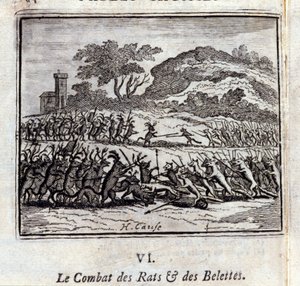 Die Schlacht der Ratten und Wiesel. Fabeln von Jean de La Fontaine. Illustration von François Chauveau. Ausgabe von 1728.