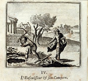 Der Brenner und sein Kumpan. Fabeln von Jean de La Fontaine (1621-95). Illustration von François Chauveau (1613-1676). Ausgabe von 1728. von Francois Chauveau