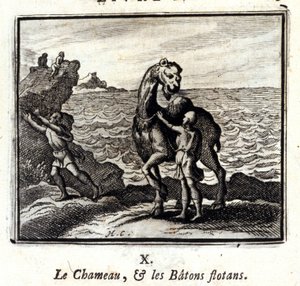 Das Kamel und die schwimmenden Stöcke. Fabeln von Jean de La Fontaine. Illustration von François Chauveau. Ausgabe von 1728.