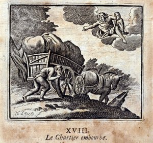 Der Fuhrmann wird belästigt. Fabeln von Jean de La Fontaine (1621-95). Illustration von François Chauveau (1613-1676). Ausgabe von 1728. von Francois Chauveau