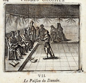 Der Donau-Bauer. Fabeln von Jean de La Fontaine. Illustration von François Chauveau. Ausgabe von 1728. von Francois Chauveau