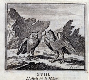 Der Adler und die Eule. Fabeln von Jean de La Fontaine. Illustration von François Chauveau. Ausgabe von 1728.