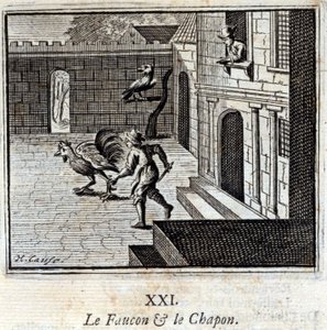 Der Falke und der Kapaun. Fabeln von Jean de La Fontaine. Illustration von François Chauveau. Ausgabe von 1728. von Francois Chauveau