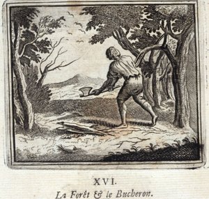 Der Wald und der Holzfäller. Fabeln von Jean de La Fontaine (1621-95). Illustration von François Chauveau (1613-1676). Ausgabe von 1728 von Francois Chauveau