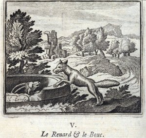 Der Fuchs und der Bock. Fabeln von Jean de La Fontaine (1621-95). Illustration von François Chauveau (1613-1676). Ausgabe von 1728 von Francois Chauveau