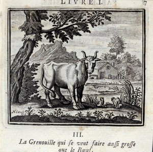 Der Frosch, der so groß wie der Ochse werden wollte. Fabeln von Jean de La Fontaine. Illustration von François Chauveau. Ausgabe von 1728. von Francois Chauveau