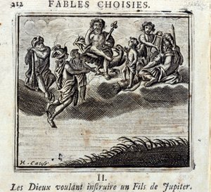 Die Götter wollen einen Sohn des Jupiter lehren. Fabeln von Jean de La Fontaine. Illustration von François Chauveau. Ausgabe von 1728.