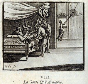 Die Gicht und die Spinne. Fabeln von Jean de La Fontaine. Illustration von François Chauveau. Ausgabe von 1728.