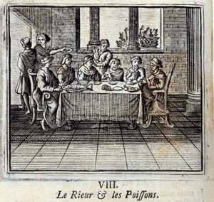 Das Lachen und die Fische. Fabeln von Jean de La Fontaine. Illustration von François Chauveau. Ausgabe von 1728. von Francois Chauveau