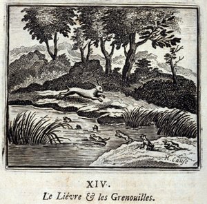 Der Hase und die Frösche. Fabeln von Jean de La Fontaine (1621-95). Illustration von François Chauveau (1613-1676). Ausgabe von 1728.