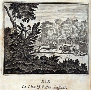 Der Löwe und der Esel auf der Jagd. Fabeln von Jean de La Fontaine (1621-95). Illustration von François Chauveau (1613-1676). Ausgabe von 1728. von Francois Chauveau